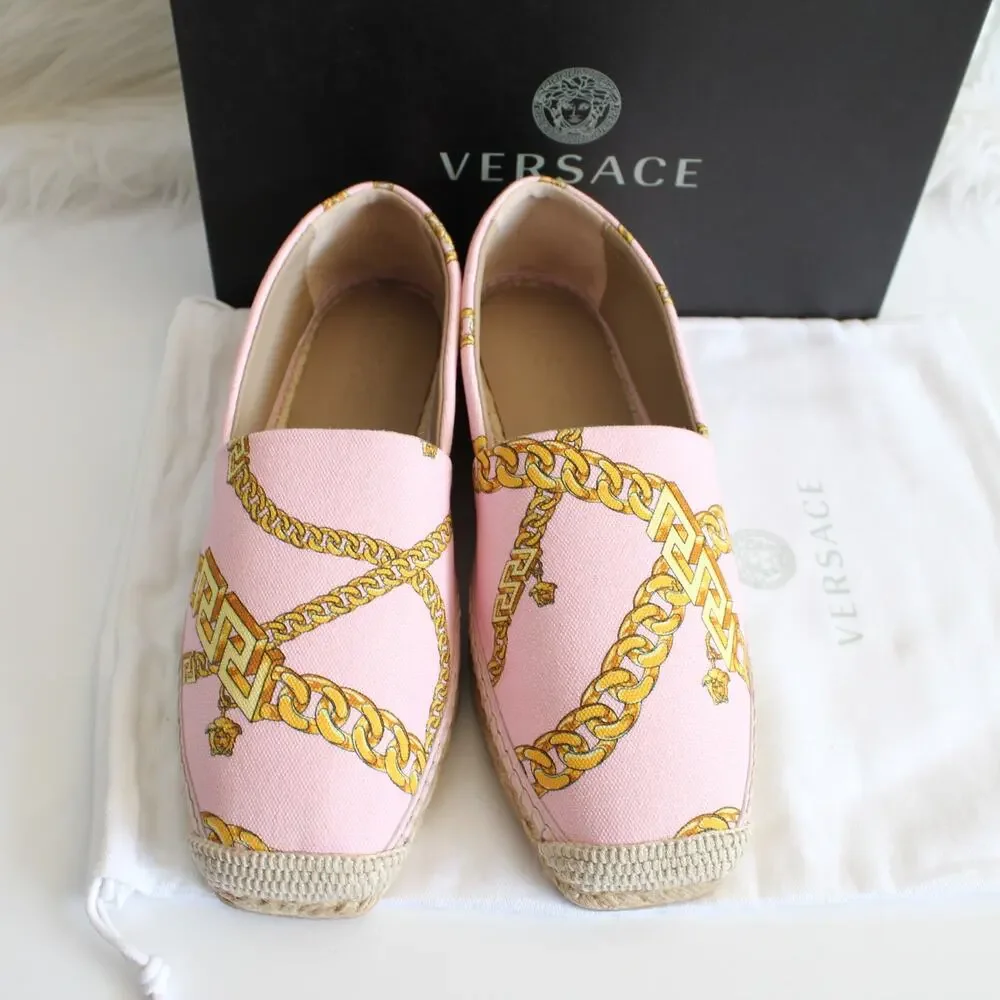 New Versace Pink & Gold Chain Graphic-Print Canvas Slip-On Espadrilles